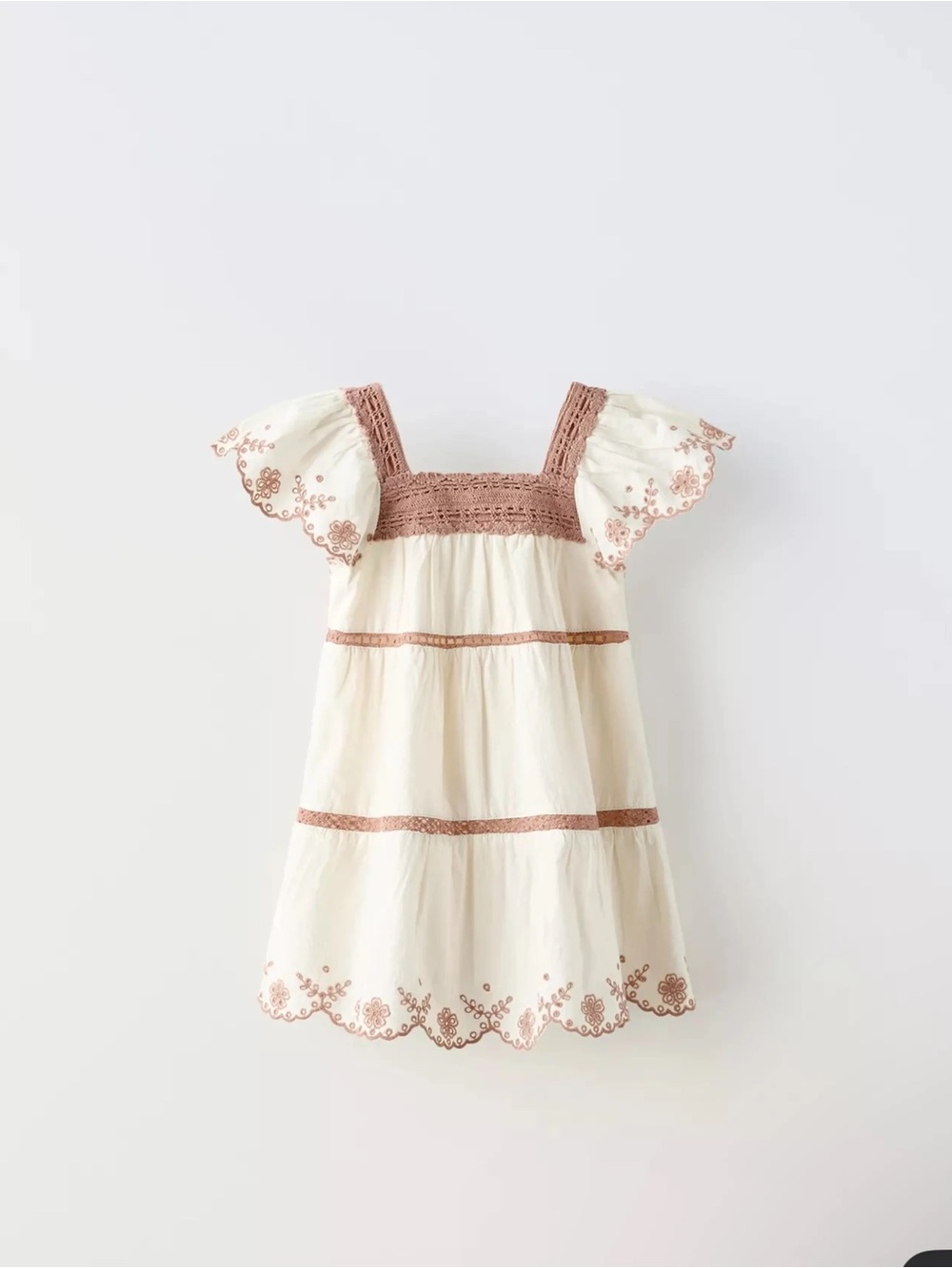 NWT Zara crochet Ivory Boho Embroidered Flutter Sleeve Dress 3t